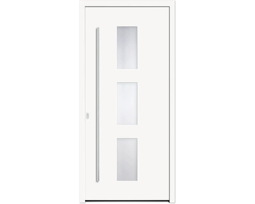 Weiße Haustür mit drei Glasausschnitten und Edelstahlgriff