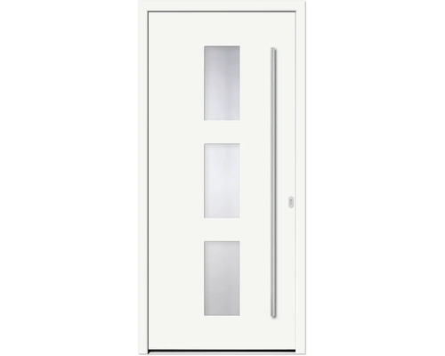 Weiße Haustür mit drei rechteckigen Glaseinsätzen und einem senkrechten Griff