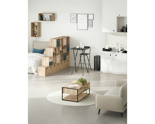 Helles Wohnzimmer mit Regalsystem, Tisch, Stuhl, Sofa und Küchenzeile.