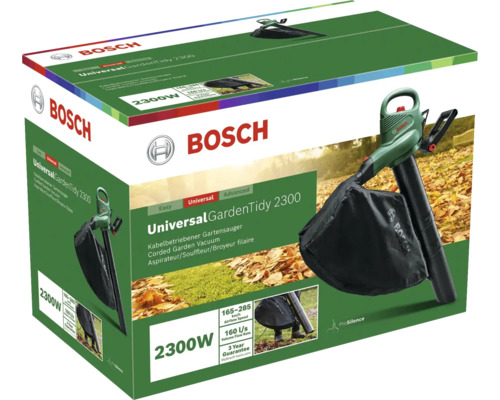 Verpackung des Universal GardenTidy 2300 von Bosch, einem kabelbetriebenen Gartensauger