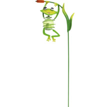 Solar-Gartenstecker aus Metall mit dekorativem Frosch an einer Schilfpflanze und Glaskugel mit LED.