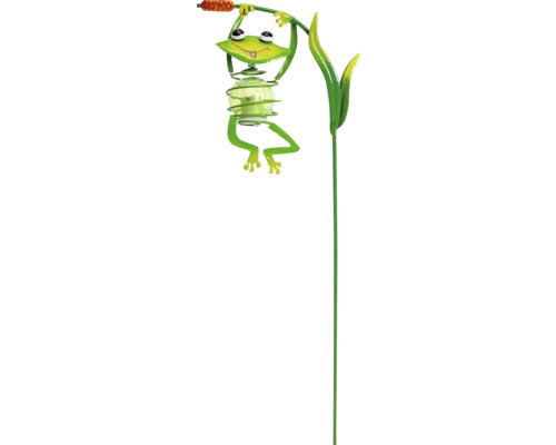 LED Solarleuchte mit Erdspieß 2800- 3000 K Frosch HxB 66x15,3 cm Solar-Gartenstecker aus Metall mit dekorativem Frosch an einer Schilfpflanze und Glaskugel mit LED.