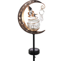 Solar-Gartenstecker mit Sichelmond, Feen-Silhouette und Glaskugel in Bruchglas-Optik auf einem schwarzen Stab mit Solarpanel.