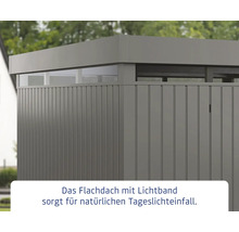 Detailansicht eines Gerätehauses mit Flachdach und Lichtband für Tageslichteinfall