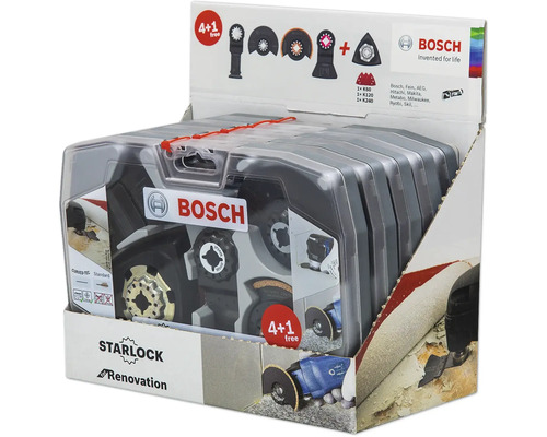 Bosch Starlock Renovierungs Set mit verschiedenen Sägeblättern und Schleifblättern in Verpackung