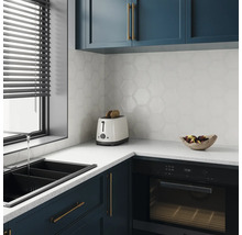 Moderne Küche mit Spüle, Toaster, Backofen und sechseckigen Wandfliesen.