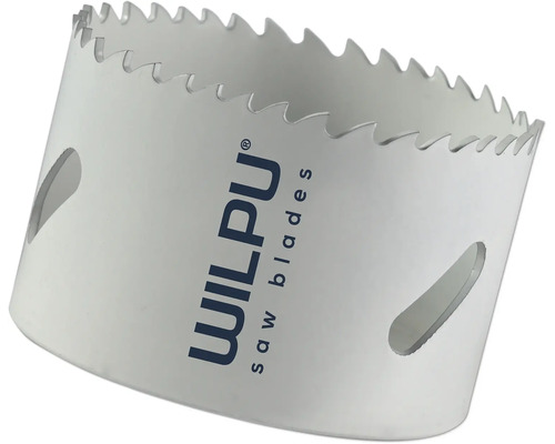 Wilpu Bimetall-Lochsäge mit gezahntem Rand und seitlichen Aussparungen für Bohrungen in Holz und Metall.