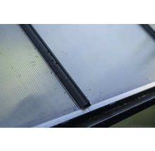 Nahaufnahme einer transparenten Polycarbonatplatte mit schwarzen Profilen