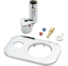 Unterputz-Armatur-Set mit verchromter Abdeckplatte, dreieckigem Griff, Hülse, Ventiloberteil-Verlängerung und Zubehör.