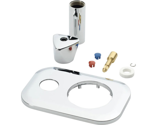 Unterputz-Armatur-Set mit verchromter Abdeckplatte, dreieckigem Griff, Hülse, Ventiloberteil-Verlängerung und Zubehör.