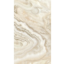 Nahaufnahme einer beigen Marmorfliese mit wirbelartigen Mustern