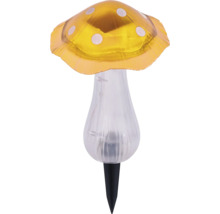Solar-Gartenleuchte in Pilzform mit gelbem, gepunktetem Hut, transparentem Stiel und schwarzem Erdspieß.