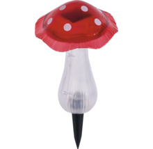 Solar-Gartenleuchte in Pilzform mit rotem Hut, weißen Punkten und Erdspieß.