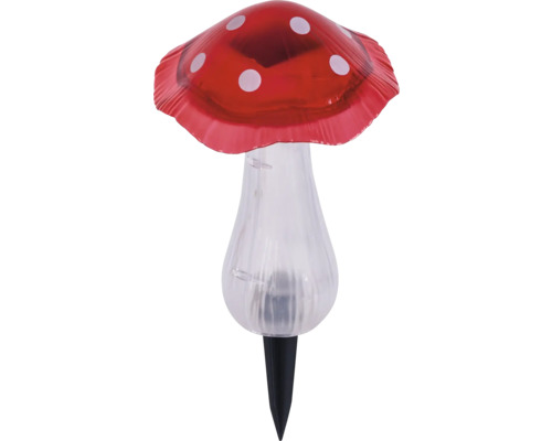 Solar-Gartenleuchte in Pilzform mit rotem Hut, weißen Punkten und Erdspieß.