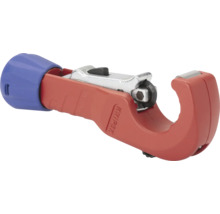 Knipex Rohrabschneider TubiX mit rotem Gehäuse, blauem Drehknauf und Schneidrad aus Metall.