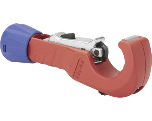 Knipex Rohrabschneider TubiX mit rotem Gehäuse, blauem Drehknauf und Schneidrad aus Metall.