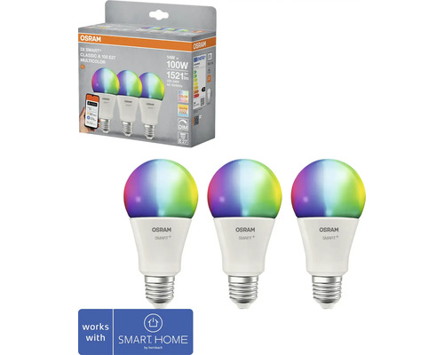 Drei Osram Smart Plus Classic A 100 E27 Multicolor Lampen mit Verpackung