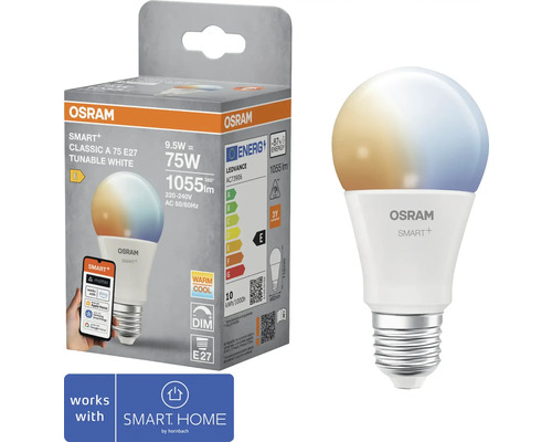 Osram Smart Plus Classic A 75 E27 dimmbare, weiße LED Lampe mit E27 Sockel und Verpackung