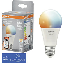 Osram Smart Plus Classic A 60 E27 LED Lampe mit einstellbarem Weißton im Karton und einzeln