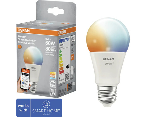 Osram Smart Plus Classic A 60 E27 LED Lampe mit einstellbarem Weißton im Karton und einzeln