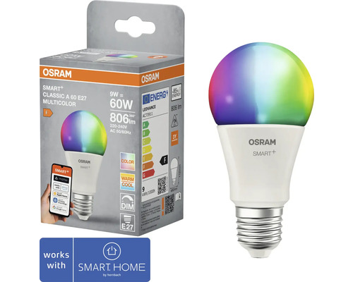 Osram Smart Plus Classic A 60 E27 Multicolor LED Lampe und Verpackung