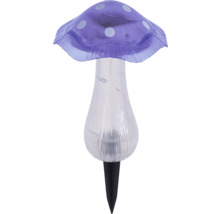 Solar-Gartenleuchte in Pilzform mit lila Hut, weißen Punkten, klarem Gehäuse und Erdspieß.