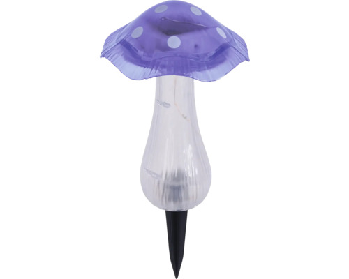 Solar-Gartenleuchte in Pilzform mit lila Hut, weißen Punkten, klarem Gehäuse und Erdspieß.