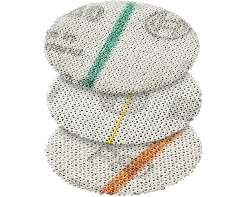 Drei runde Filterscheiben mit farbigen Streifen.