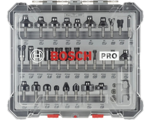 Bosch Pro Oberfräser Set mit 30 Teilen inklusive Hartmetallfräser mit 8 Millimeter Schaft in Kunststoffkoffer