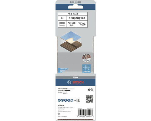 Bosch Pro X440 Schleifbänder, Körnung P60, P80 und P120, 75x508 Millimeter