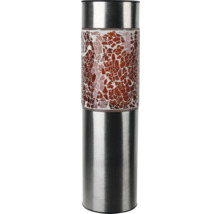 Zylindrische Solarleuchte aus Edelstahl mit einem braunen Glasmosaikmuster.