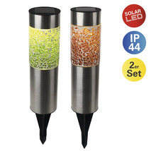 Zwei Solarleuchten mit Mosaikglas und Erdspieß