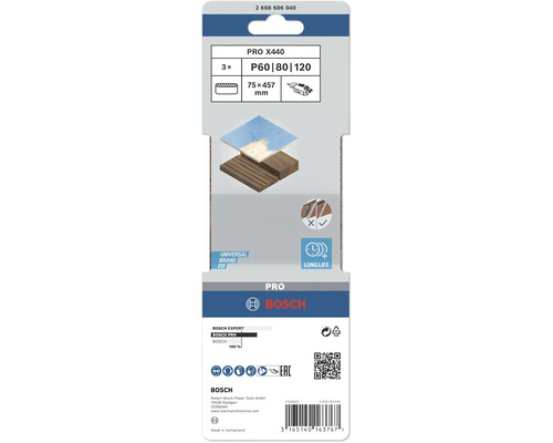 Bosch PRO X440 Schleifbandset, Körnung P60, P80 und P120, Größe 75 x 457 Millimeter