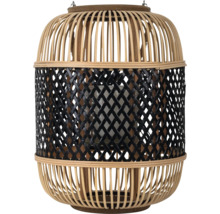 Windlicht aus Bambus und Glas mit schwarzem Geflecht und Glaseinsatz