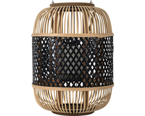 Windlicht aus Bambus und Glas mit schwarzem Geflecht und Glaseinsatz