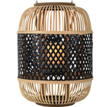 Zylindrische Laterne aus Holzlamellen und schwarzem Geflecht mit innenliegendem Glaseinsatz für Kerzen.