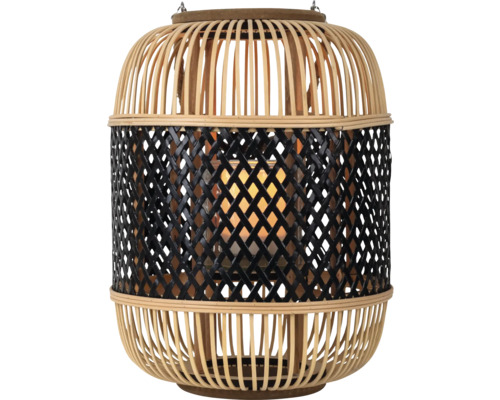 Zylindrische Laterne aus Holzlamellen und schwarzem Geflecht mit innenliegendem Glaseinsatz für Kerzen.