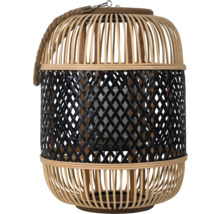 Windlicht aus Bambus mit schwarzem Flechtmuster, Glaseinsatz und Seilgriff