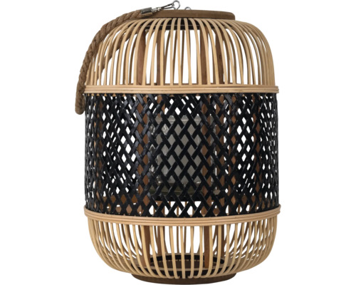 Windlicht aus Bambus mit schwarzem Flechtmuster, Glaseinsatz und Seilgriff