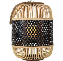 Laterne aus Bambus mit Seilgriff und Glaseinsatz für Kerzen, naturfarben mit schwarzem Flechtmuster.