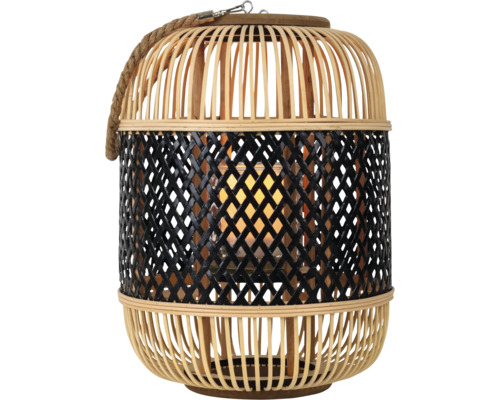 Laterne aus Bambus mit Seilgriff und Glaseinsatz für Kerzen, naturfarben mit schwarzem Flechtmuster.