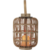 Laterne aus geflochtenem Bambus mit LED-Kerze und Holzgriff.