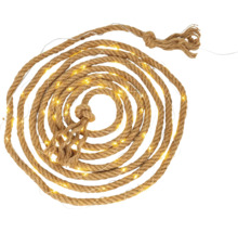 LED-Lichterkette aus Hanfseil mit warmweißen LEDs, spiralförmig aufgewickelt.