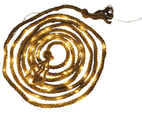 LED-Lichterkette aus Naturseil, spiralförmig aufgewickelt für dekorative Beleuchtung.