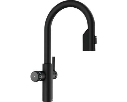 Schwarze Küchenarmatur mit hohem Auslauf