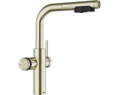 Küchenarmatur mit hohem Auslauf und seitlichem Bedienhebel