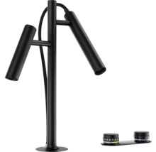 Schwarze Badarmatur mit zwei Ausläufen und Bedienungselementen