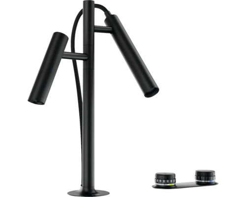 Schwarze Badarmatur mit zwei Ausläufen und Bedienungselementen