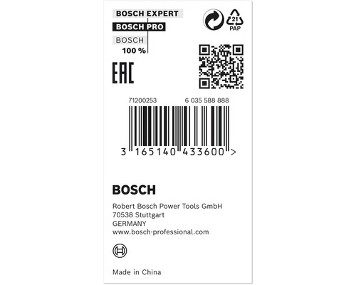 Bosch Experte, Bosch Pro, Bosch Logo, Recycling Symbol, Papierverpackungssymbol, EAC Zeichen, QR-Code, Barcode
