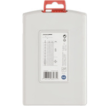 Rückseite einer Kunststoffbox für Bohrer mit rotem Griff, Maßtabelle, Drehzahlen sowie Hinweisen zu Augenschutz und Kühlung.